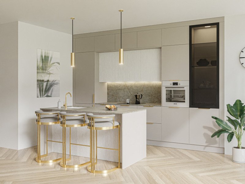 THE INTERIOR OF THE KITCHEN IS BRIGHT AND COZY