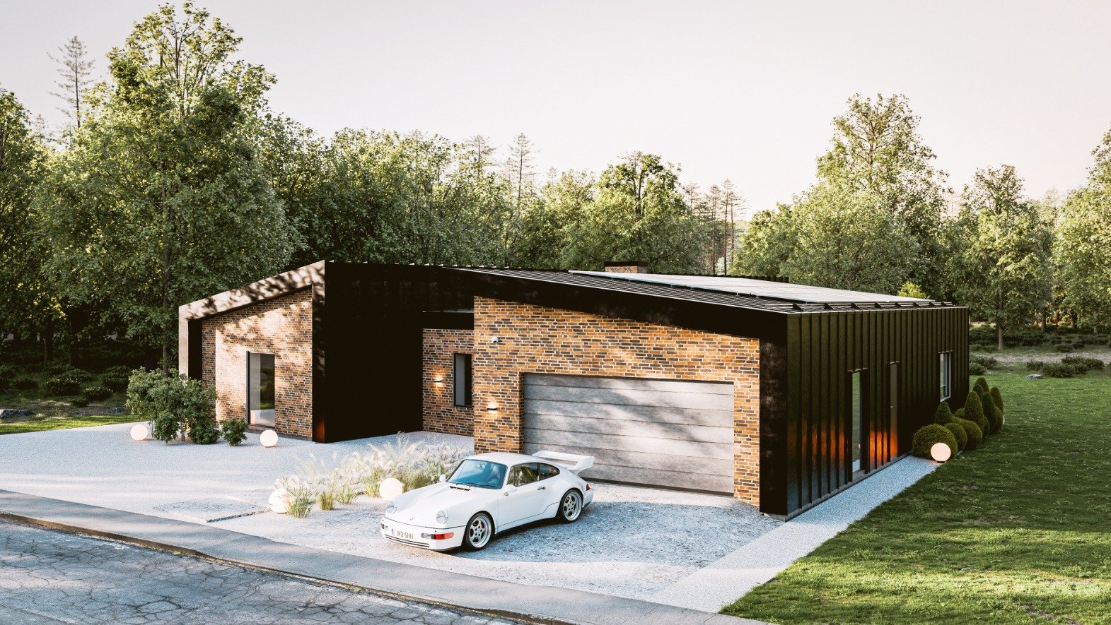 The house features a modern architectural style with clean lines and geometric shapes.