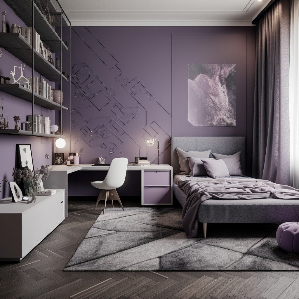 Modernity, luxury and sophistication, with a lot of attention to the monochromatic color scheme, enriched with purple accents, various textures and modern furniture